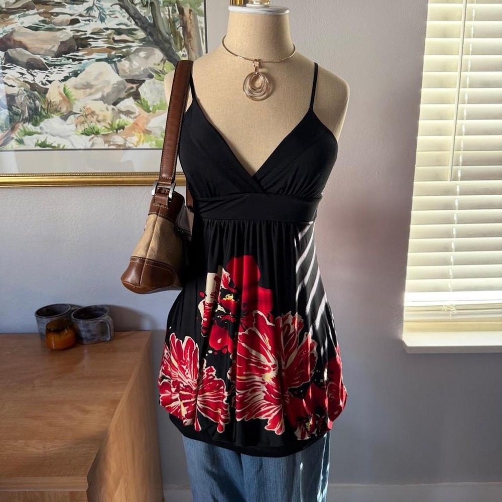 Vintage XXI Y2K Black Red Floral Babydoll Top Empire Waist Medium Boho Gothic